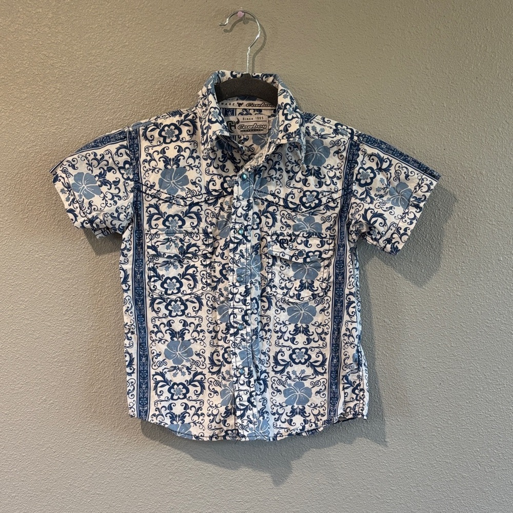 Kids Floral Button Down Shirt - Blue and White